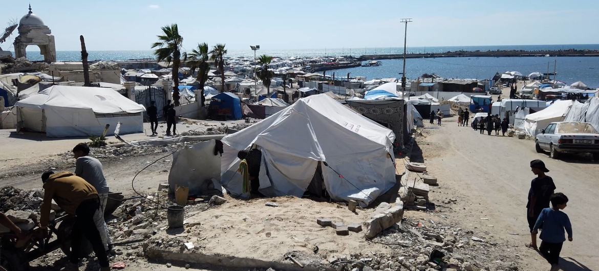 Tendas de palestinos deslocados no porto de Gaza