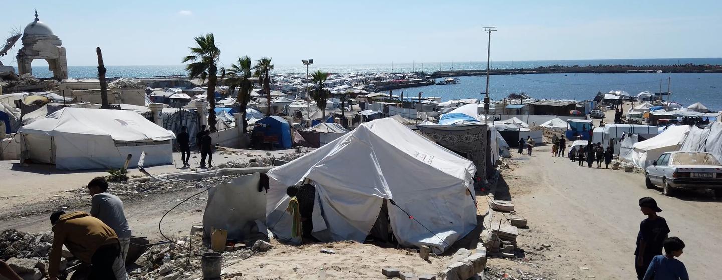 Thousands of displaced Palestinians are living in tents on the beach by Gaza's seaport.