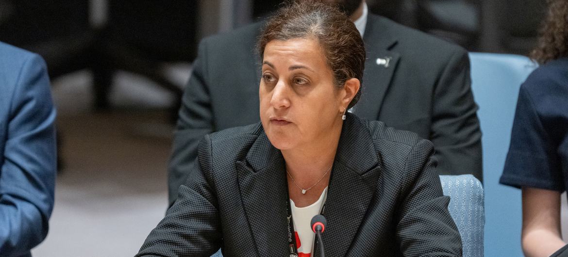 Ambassador Feda Abdelhady, Deputy Permanent Observer of the State of Palestine to the United Nations, speaks at a Security Council meeting on the situation in the Middle East, including the Palestinian question.