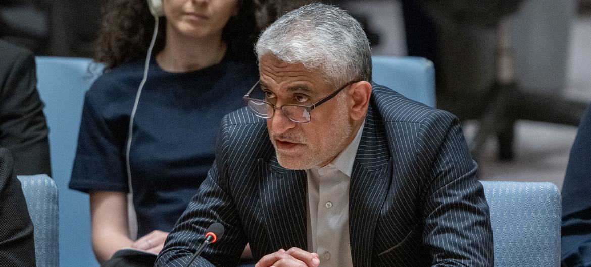 Iran's Ambassador Amir Saeid Iravani speaks at a Security Council meeting on the Middle East situation, including the Palestinian issue.