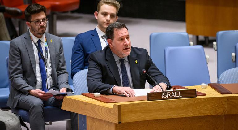 以色列常驻副代表布雷特·乔纳森·米勒在安全理事会会议上就中东局势，包括巴勒斯坦问题发言。