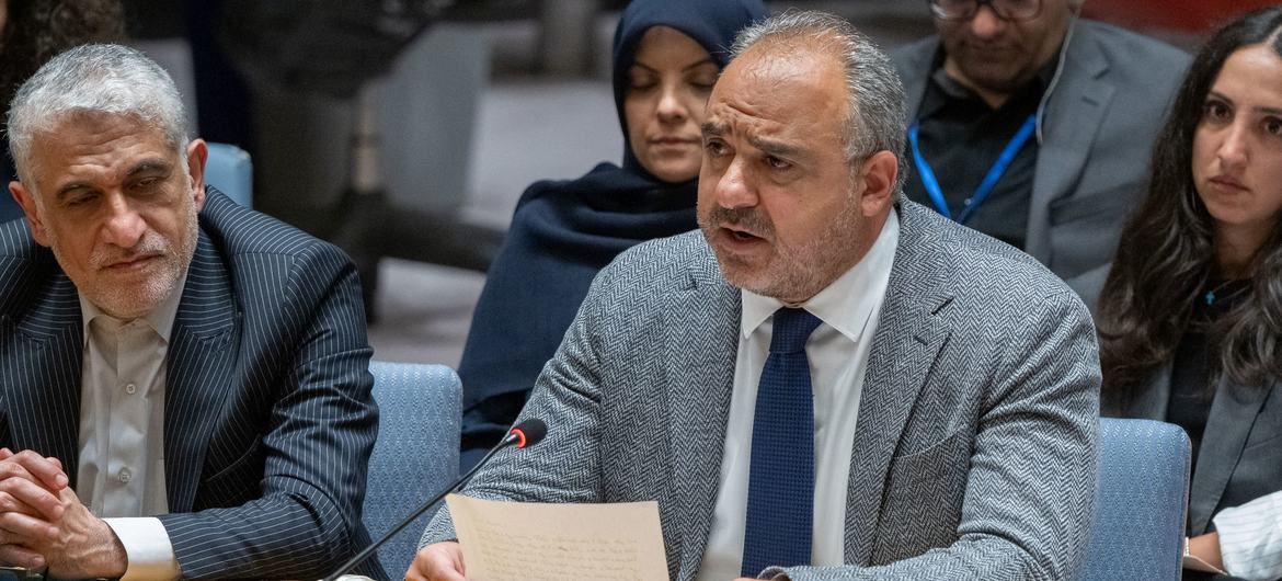 Lebanon's Ambassador Hadi Hachem speaks at a Security Council meeting on the situation in the Middle East, including the Palestinian issue.