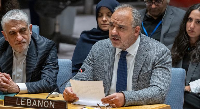 黎巴嫩常驻联合国代表哈迪·哈切姆在安全理事会会议上就中东局势，包括巴勒斯坦问题发言。