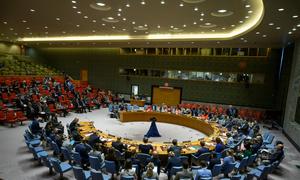 A wide view of the UN Security Council meets on the situation in the Middle East.