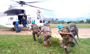 Injured UN peacekeepers in DRC from Morocco being transported for treatment after they were attacked in Kiwanja, Rutshuru North Kivu by the armed group M23.