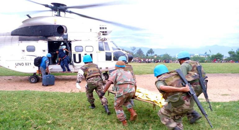 Injured UN peacekeepers in DRC from Morocco being transported for treatment after they were attacked in Kiwanja, Rutshuru North Kivu by the armed group M23.