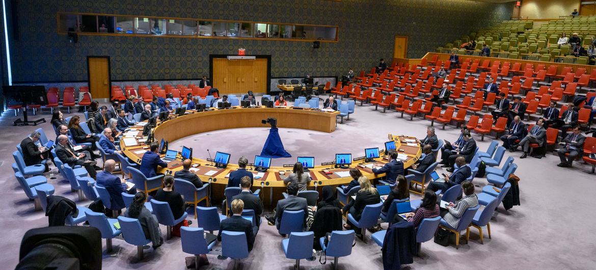 A wide view of the UN Security Council chambers as members meet on the maintenance of peace and security of Ukraine.