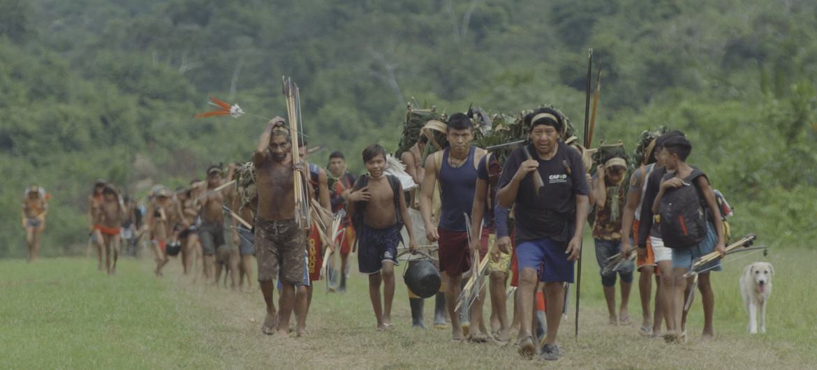 Um grupo de pessoas da etnia Yanomami caminhando por uma clareira gramada na floresta.