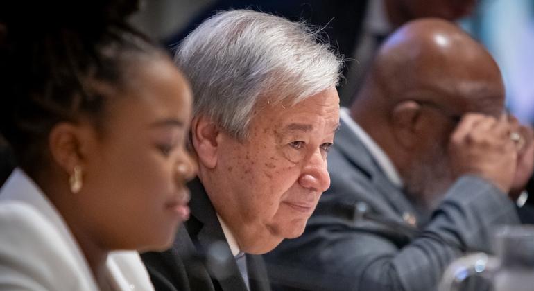 UN chief António Guterres addressed the Summit of the Future preparatory meeting, alongside youth activist Varaidzo Kativhu., and President of the General Assembly Dennis Francis.