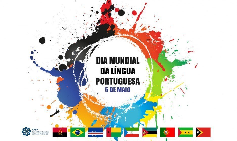 Uma peça gráfica promocional para o Dia Mundial da Língua Portuguesa, celebrado a 5 de maio, apresentando os logótipos da CPLP e da Unesco e as bandeiras dos seus países membros.