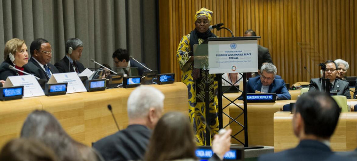 Julienne Lusenge, one of the 2023 UN Human Rights Prize winners speaking at the General Assembly high-level dialogue on “Building Sustainable Peace for All” earlier this year.
