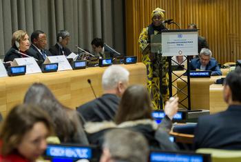 Julienne Lusenge, one of the 2023 UN Human Rights Prize winners speaking at the General Assembly high-level dialogue on “Building Sustainable Peace for All” earlier this year.