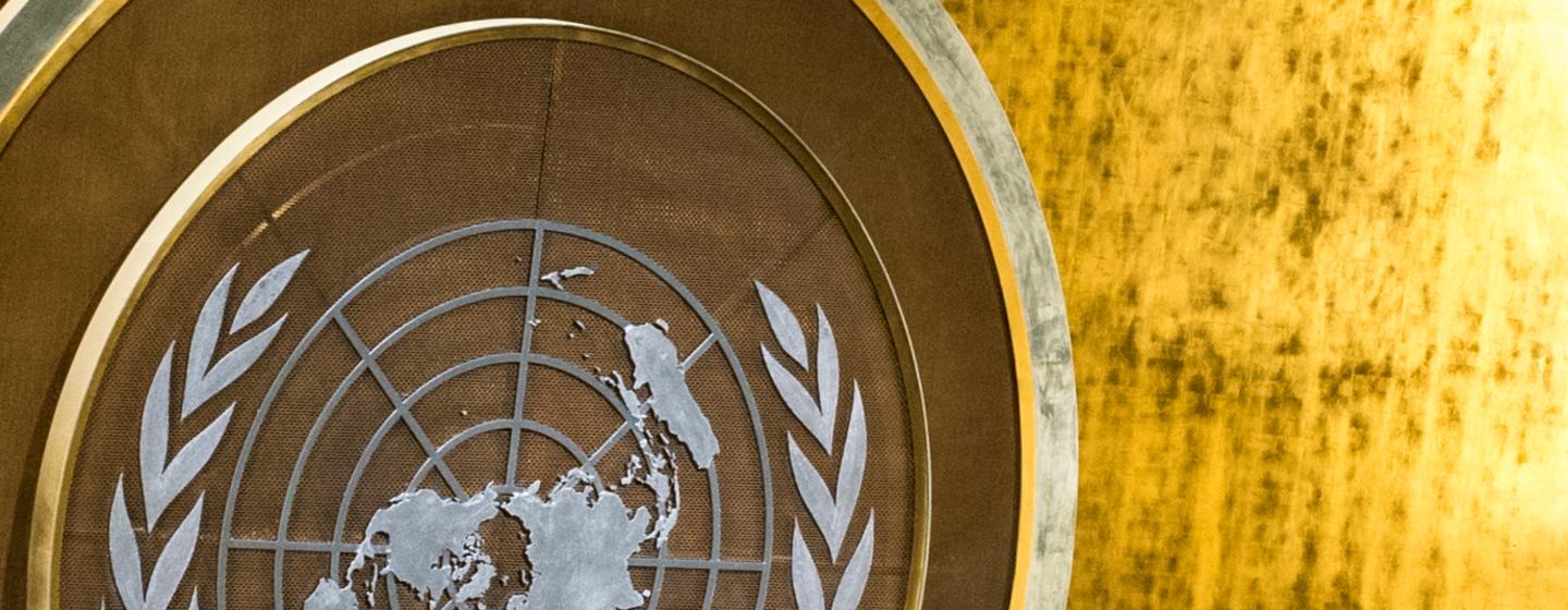 Vue de l'emblème des Nations Unies dans la salle de l'Assemblée générale.
