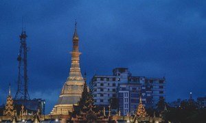 A pagoda at dawn in downtown Yangon, the commercial hub of Myanmar.