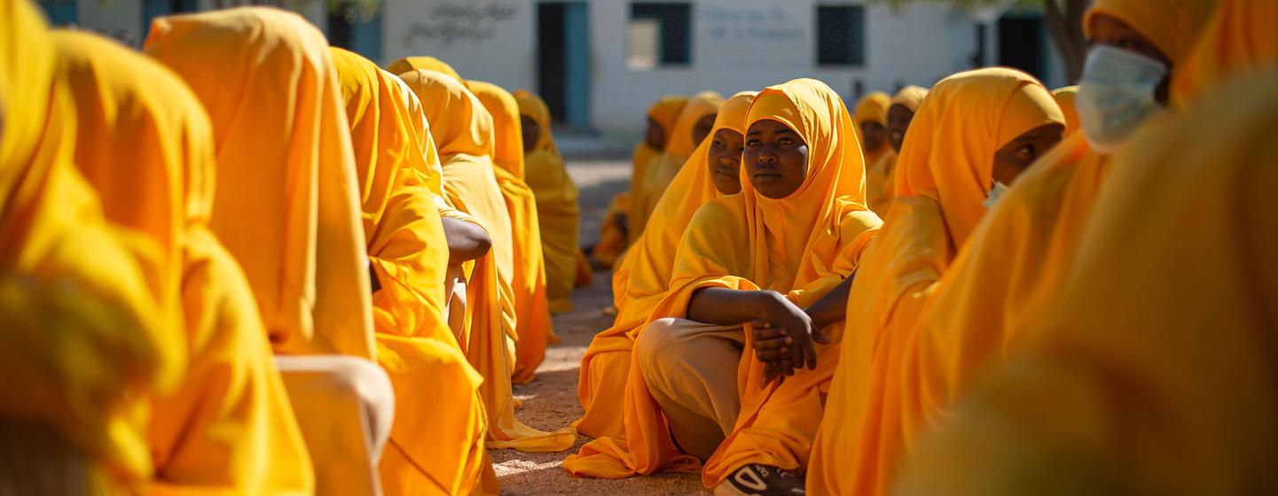 Girls participate in an event at their school in Garowe, Puntland, during which Y-PEER explains the harmful effects of FGM.