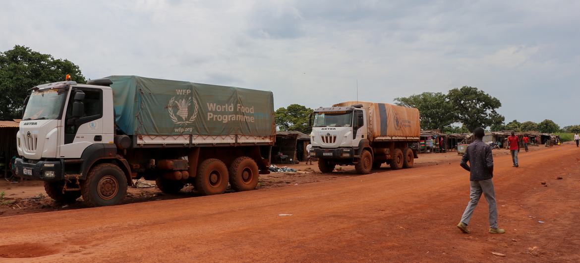 世界粮食计划署的卡车在南苏丹运送援助物资。（资料图片）