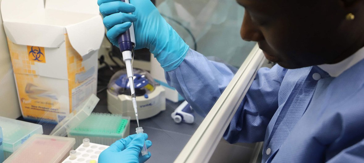 A training session on coronavirus testing takes place at the Best-dos Santos Public Health Laboratory in Barbados.