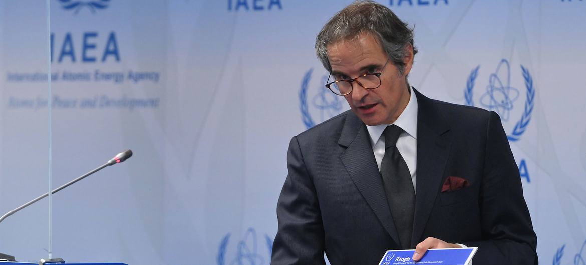 IAEA Director General Rafael Mariano Grossi briefs the press (file photo).