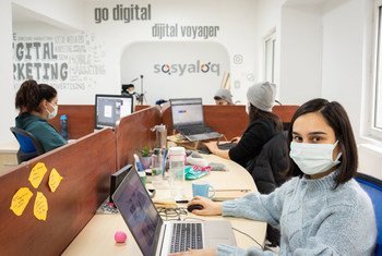Young employees at a tech company in Ankara, Turkey, focus on digital marketing and computer services.