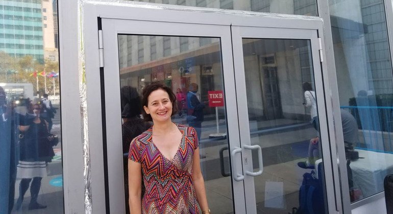 Emily Kasriel, editor of the BBC's Crossing Divides web series, stands outside the SDG Media Zone at UN Headquarters in New York during high level week. (26 September 2019)
