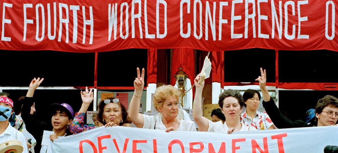 Participants from civil society groups rally on the sidelines of the United Nations Fourth World Conference on Women held in Beijing, China in September 1995.