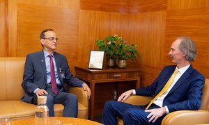 Geir O. Pedersen, United Nations Special Envoy for Syria, meets Hadi AlBhara, Opposition Co-Chair, prior to the meeting of the Syrian Constitutional Committee starting on 30 October 2019,.