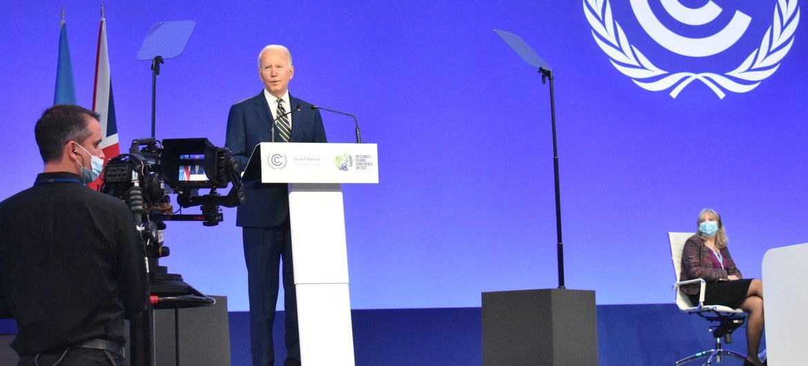 President Joseph R. Biden of the USA addresses the opening of the COP26 Climate Conference in Glasgow, Scotland.