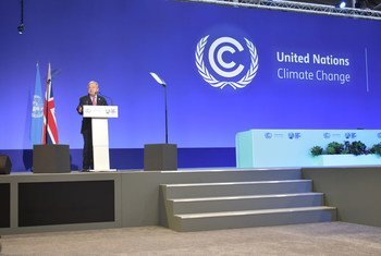 الأمين العام للأمم المتحدة أنطونيو غوتيريش أثناء إلقاء كلمته في افتتاح مؤتمر COP26 لتغير المناخ في غلاسكو، اسكتلندا.