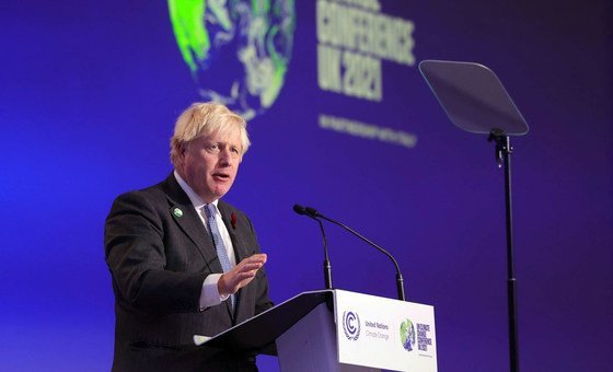 رئيس الوزراء البريطاني بوريس جونسون أثناء إلقاء كلمته في افتتاح مؤتمر المناخ COP26 في غلاسكو، اسكتلندا.