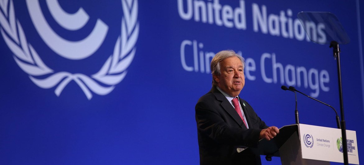 2021年11月1日，联合国秘书长古特雷斯在苏格兰格拉斯哥举行的第26届气候变化大会开幕式上致辞。