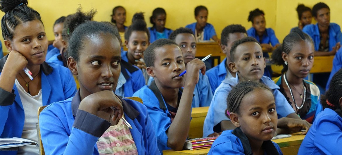 At Mai Tsebri secondary school in Tigray province, northern Ethiopia, refugee children from Eritrea attend classes alongside local children.