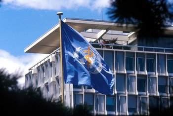 A bandeira da Organização Mundial da Saúde hasteada na sede, que fica em Genebra, na Suíça
