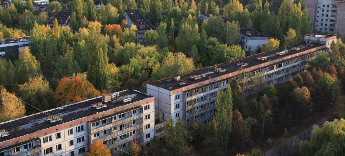 Abandoned buildings in Pripyat, two kilometres from the Chernobyl nuclear power plant, Ukraine.