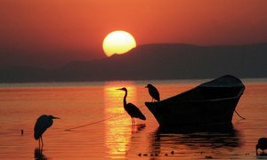 Sun rises in Chapala Lake, Mexico.