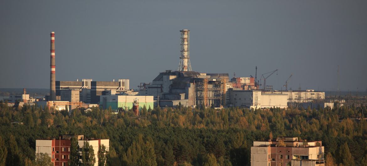 Damaged Unit 4 reactor and shelter in Chernobyl, Ukraine.