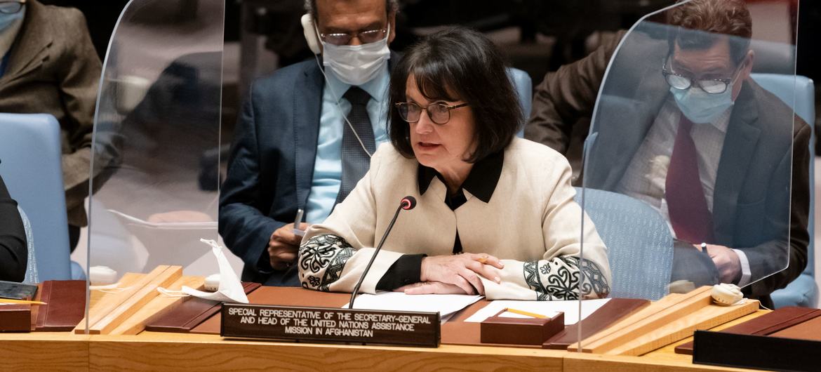 Deborah Lyons, Special Representative of the Secretary-General and Head of the United Nations Assistance Mission in Afghanistan, briefs the Security Council meeting on the situation in Afghanistan.