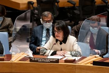 Deborah Lyons, Special Representative of the Secretary-General and Head of the United Nations Assistance Mission in Afghanistan, briefs the Security Council meeting on the situation in Afghanistan.