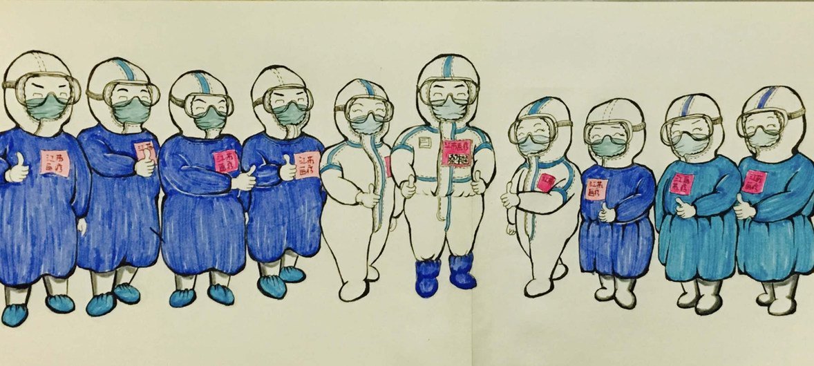 武汉体育中心方舱医院一位患者在接受治疗期间为医护人员绘制的卡通画