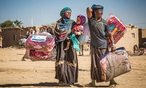 A displaced family in Marib, Yemen, carries a winter aid package back to their shelter.
