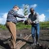 O secretário-geral da ONU, António Guterres, planta uma árvore de mangue no local de reabilitação em Weg Naar Zee, no Suriname.