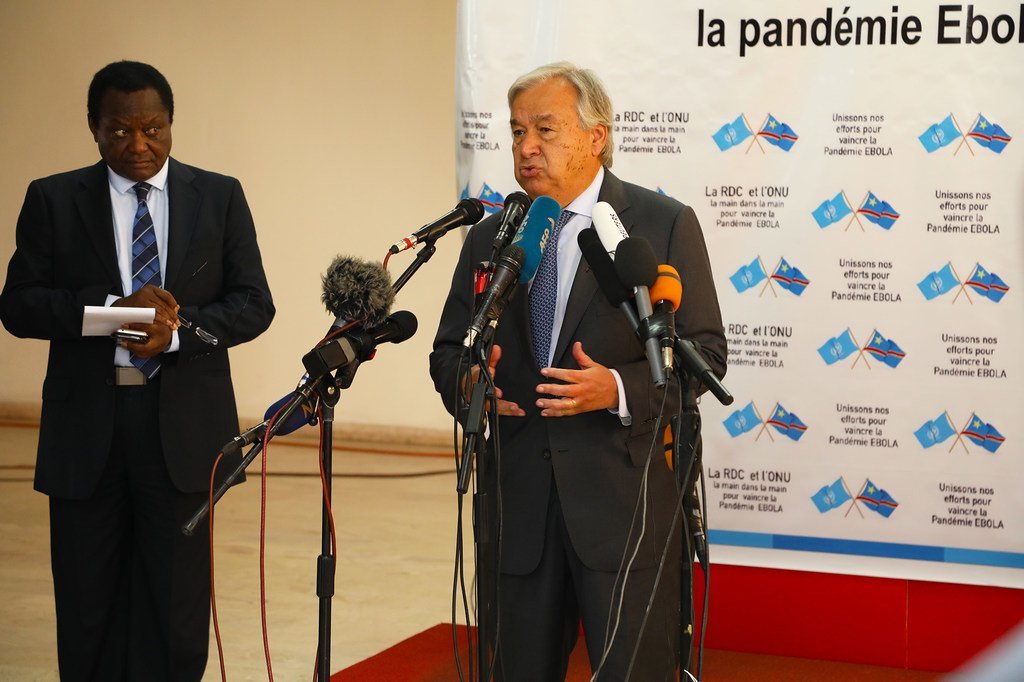 Le Secrétaire général de l'ONU, António Guterres, s'adresse aux médias à Kinshasa, la capitale de la République démocratique du Congo, le 2 septembre 2019.