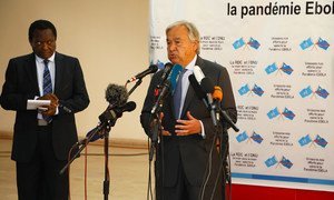Le Secrétaire général de l'ONU, António Guterres, s'adresse aux médias à Kinshasa, la capitale de la République démocratique du Congo, le 2 septembre 2019.