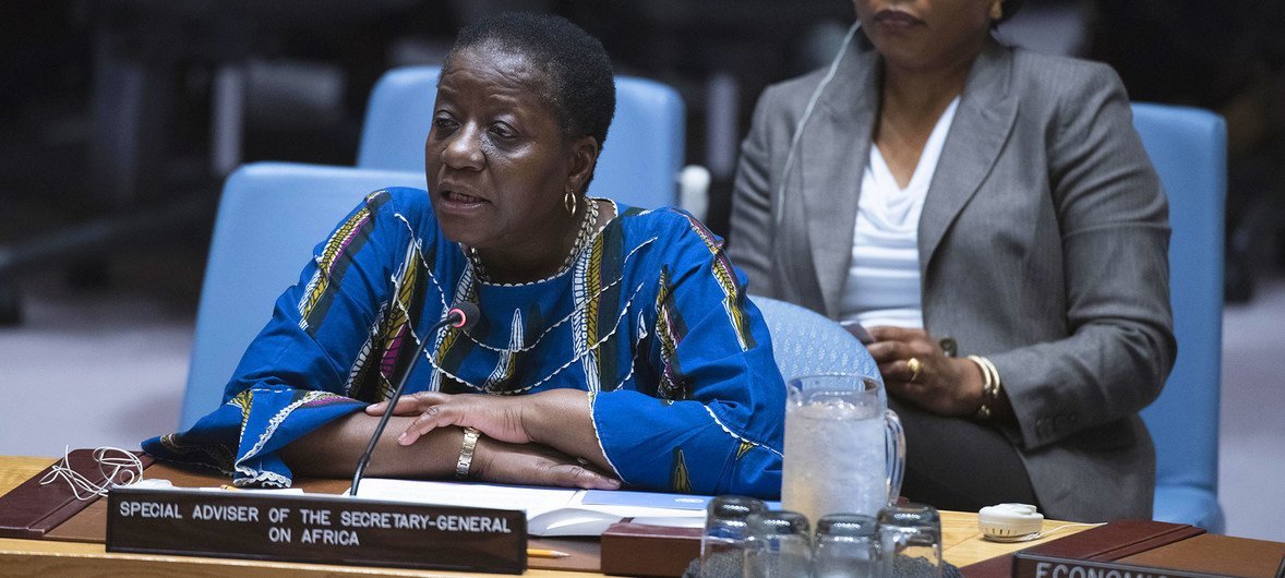 联合国秘书长非洲事务特别顾问加瓦纳斯（Bience Gawanas）在安理会会议上发言。