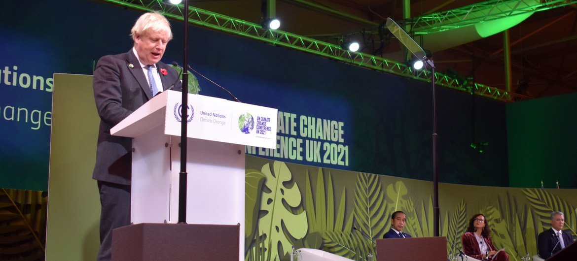 British Prime Minister Boris Johnson addresses the COP26 Climate Conference in Glasgow, Scotland.