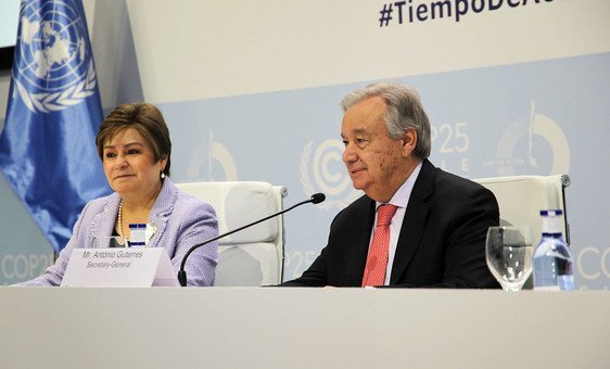 A secretária-executiva da Convenção da ONU sobre Mudança Climática, Patrícia Espinosa, e o secretário-geral, António Guterres, na COP 25.