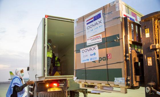 A truck carrying Covid 19 vaccines is unloaded at the airport of Nouakchott, Mauritania.