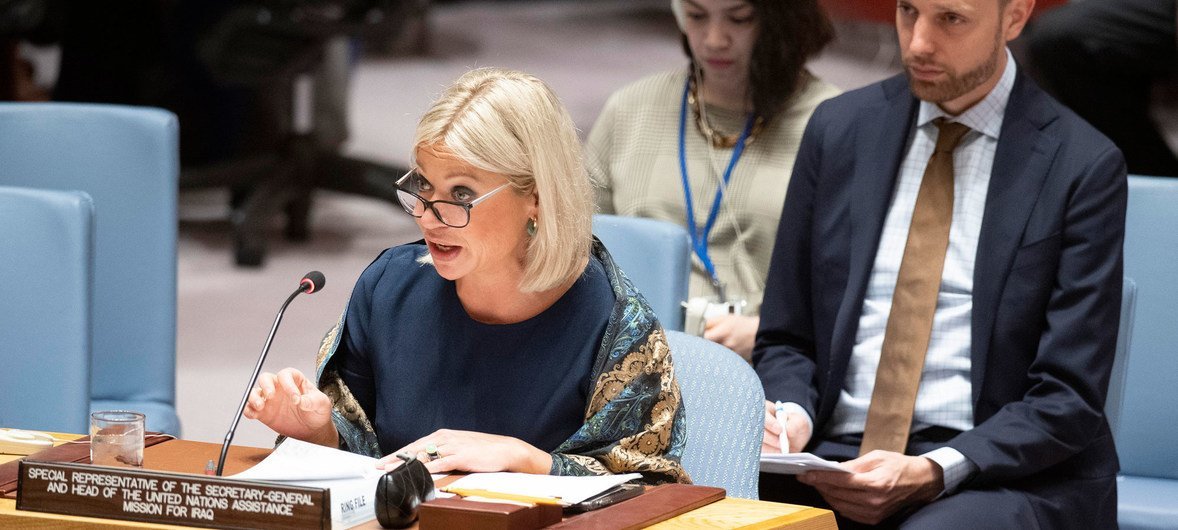 Jeanine Hennis-Plasschaert, Special Representative for Iraq and Head of the UN Assistance Mission for Iraq (UNAMI), briefs the Security Council on 3 March, 2020.