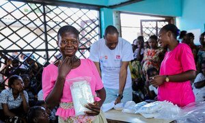 The United Nations Population Fund (UNFPA) distributes clean baby delivery kits to women in Kasaï province, Democratic Republic of the Congo.