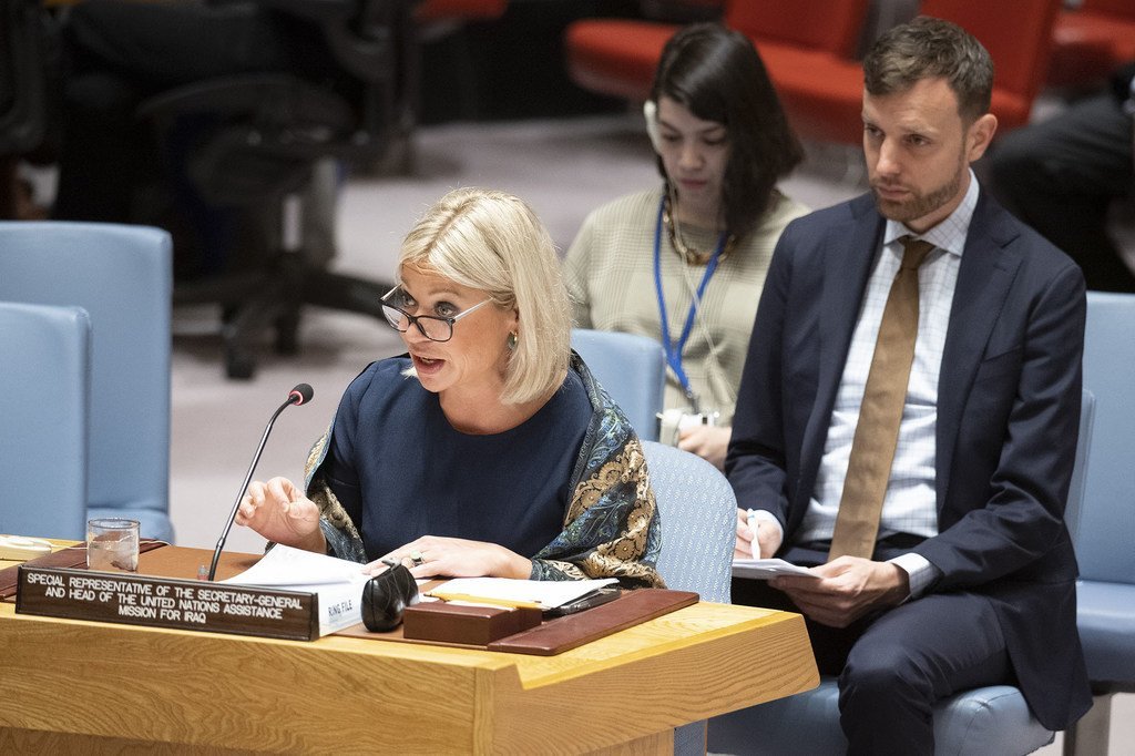 ممثلة الأمين العام للأمم المتحدة في العراق، جينين هينيس-بلاسخارت، تقدم إحاطة أمام مجلس الأمن