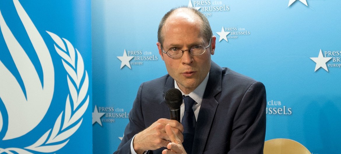 UN Special Rapporteur on extreme poverty and human rights, Olivier De Schutter, speaks at a press conference in Brussels on January 29, 2021 at the end of his mission to the European Union.